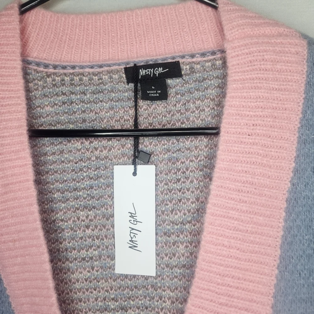 Nasty Gal Floral Fringe Knit Cardigan Pink Oversized Drop Sleeve  NWT PTP 24" - Picture 8 of 12